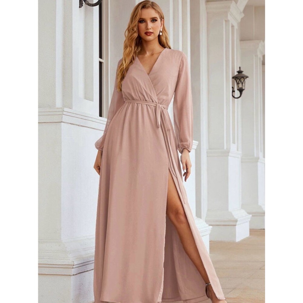 Mauve Chiffon Long Sleeve Maxi Mother of Bride/Bridesmaid Dress sz SM